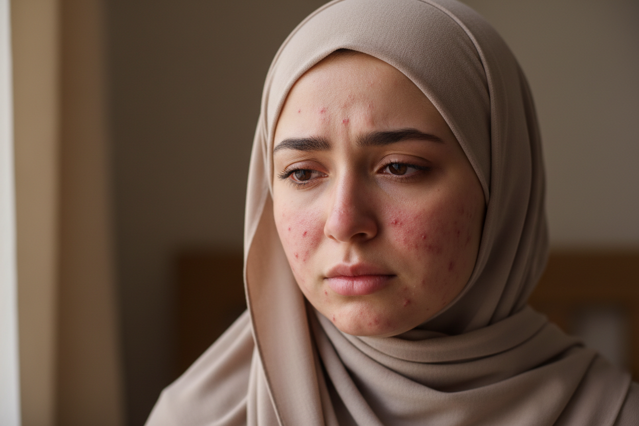 generate a picture of a girl with hijab sad and her skin is damaged with acne from chemicals