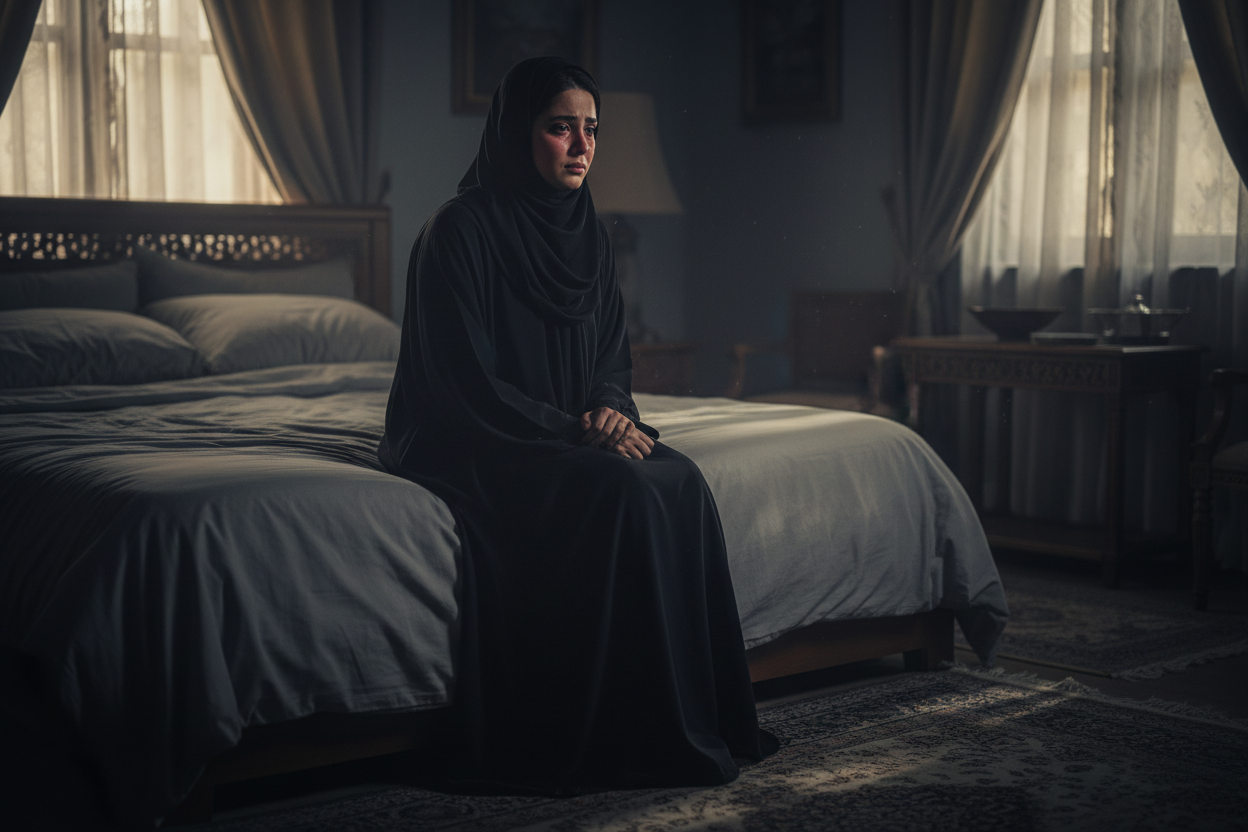 sitting in bed she looks like she just cried in a dark room